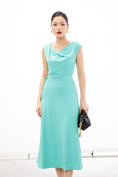 Sixdo Turquoise Midi Silk Dress With Belt